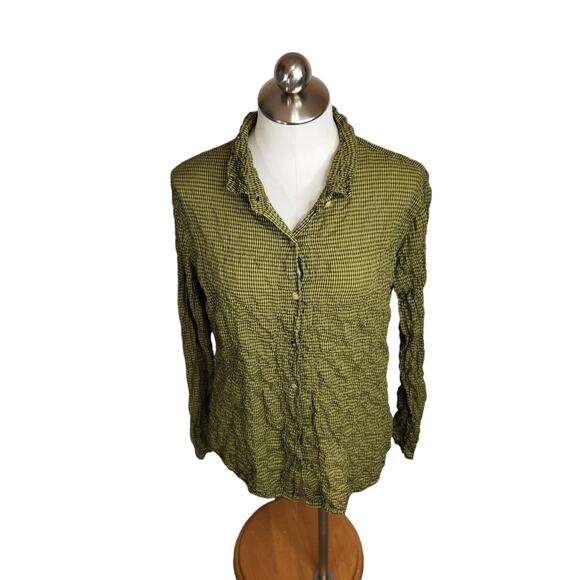 Cut Loose Womens Crinkle Collared Button Up Shirt Size Small Green Gingham Check - Picture 4 of 9